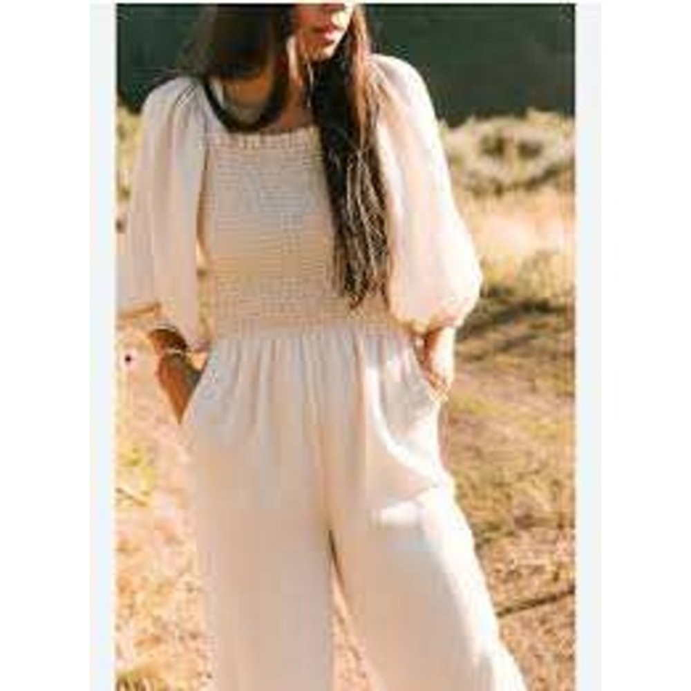 IVY CITY Linen Blend Square Neck Smocked Puff Sleeve Jumpsuit Size XL